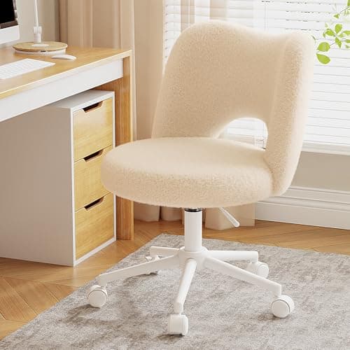 DurayLoly Vanity Chair with Wheels Armless, Cute Vanity Chair with Back,Ultra-Plush Fleece Cute Desk Chair, Small Office Chair Height Adjustable,for Make-up Room,Bedroom,Off-White