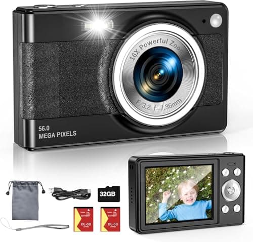 Upgrade Digital Camera, 56MP FHD 1080P Camera for Kids with 16x Zoom Anti Shake, Kid Camera with 32GB TF Card, Two Batteries, Lanyard, Compact Small for Kids Boys Girls（Black）