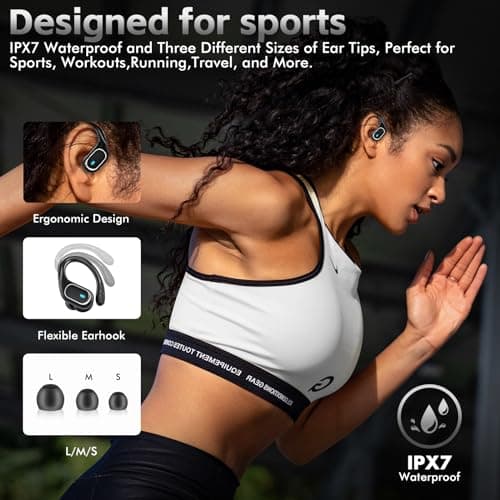 2024 Bluetooth Headphones Wireless Earbuds with Earhooks for Sport, HiFi Stereo, ENC Mic, 80Hrs LED Display, IPX7 Waterproof Ear buds for During Running/Workout Black 7