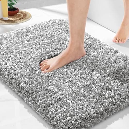 Yimobra Bathroom Rugs Non Slip Washable, Ultra Soft and Water Absorbent Bath Mats, Plush Fluffy Shower Mat Outside, Microfiber Thick Matts for Bathroom Floor/Sink, 24x17, Light Gray and White