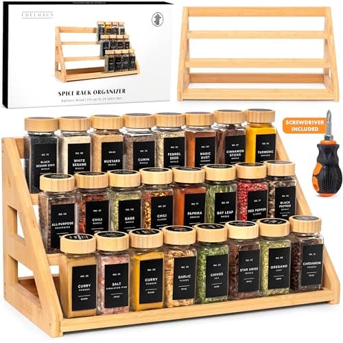 EDELHAUS 3 Tier Bamboo Spice Rack Organizer for Cabinet – Fits 24 Spice Jars, 17.5” Wide Countertop & Cabinet Organizer for Kitchen Organization, Seasoning Organizer Shelf (Jars Not Included)