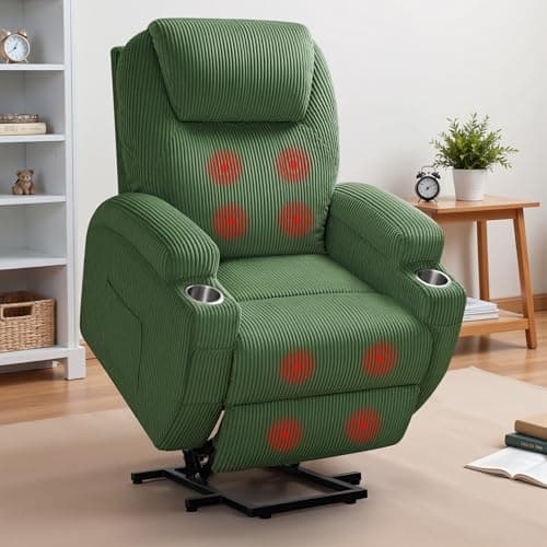 Furmax Electric Power Lift Recliner Chair with Massage for Elderly Corduroy Fabric Recliner Single Sofa with Cup Holders, Side Pockets and Remote Control for Living Room Bedroom (Green)