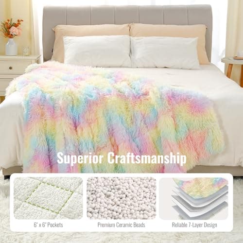 Uttermara Faux Fur Weighted Blanket 15 LBS Twin Full Size, Fluffy Fur Heavy Blanket for Sofa Bed, Super Soft Plush Fleece & Cozy Sherpa Reverse, Luxury Long Fur Adults Bed Blanket, 48" x 72", Rainbow 6