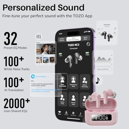 TOZO Hybrid Active Noise Cancelling Wireless Earbuds with 6 Mics AI Clear Call Ear Buds 68H Playtime with LED Display 32 Preset EQs via APP Bluetooth 5.3 IPX8 Waterproof in Ear Headphones 6