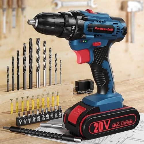 Cordless Drill 20V, Drill Set with 42pcs Accessories and Battery 2.0Ah, Electric Drill 25+1 Torque Setting, 2 Speed, 3/8" Keyless Chuck, LED Light, Electric Power Drill for Home DIY and Garden Repair