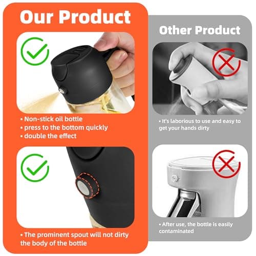 TrendPlain 16oz/470ml Glass Olive Oil Sprayer for Cooking – 2 in 1 Olive Oil Dispenser Bottle for Kitchen Gadgets and Air Fryer Accessories, Salad, BBQ - Black 6