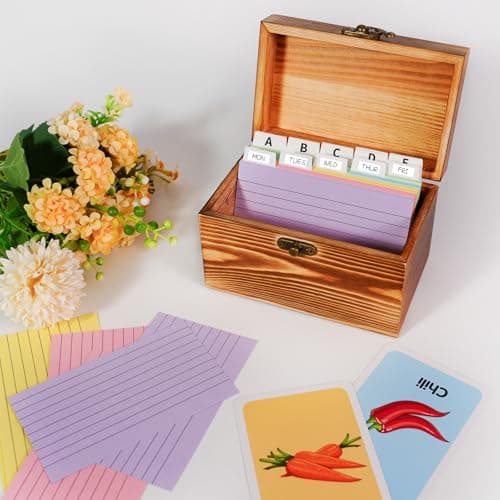 MOBYKE Index Card Holder 3x5, wooden Origanizer Recipe Box with 100 PCS Flash cards, 30 White Dividers, 1 Blank Sticker and 1 Letter Sticker, Flashcard Notecard Holders for Home Office 8