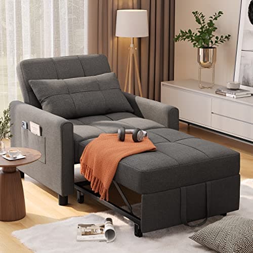 Noelse Convertible Sofa Bed, 3-in-1 Multi-Functional Sleeper Chair Bed, Adjustable Backrest Recliner with Modern Linen Fabric for Living Room Bedroom Apartment Small Space, Dark Grey