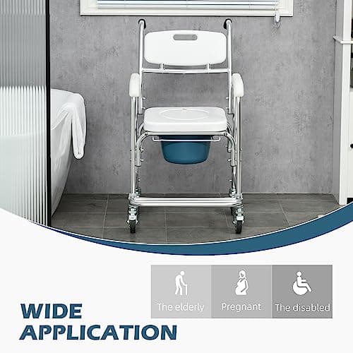 HOMCOM 3-in-1 Shower Commode Wheelchair, FSA/HSA Eligible Transport Beside Commode Chair, Waterproof Rolling Over Toilet Chair 330 lbs. Weight Capacity with Padded Seat, White 5