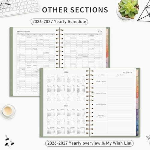 RETTACY 2026-2027 Monthly Planner, Jan 2026 - Dec 2027, Medium Size (5.7" x 8.3"), Agenda, Calendar, 24 Month Tabs, Flexible Plastic Cover, 100 GSM Thick Paper, Spiral-bound (Light Green) 5