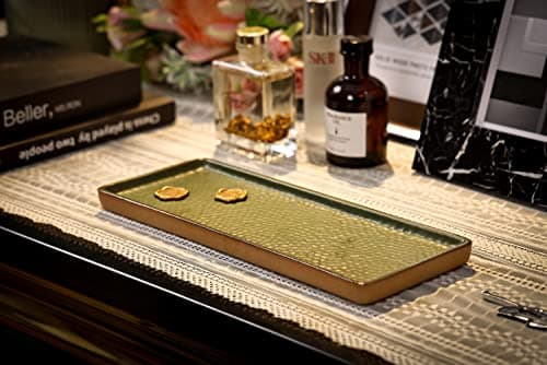 Vanity Tray with Brown Trim, Candle and Bathroom Organizer, Perfume Holder, Decorative Countertop Tray for Dresser, Table, Home Decor, Rectangular, Green, 12"4.7" 6