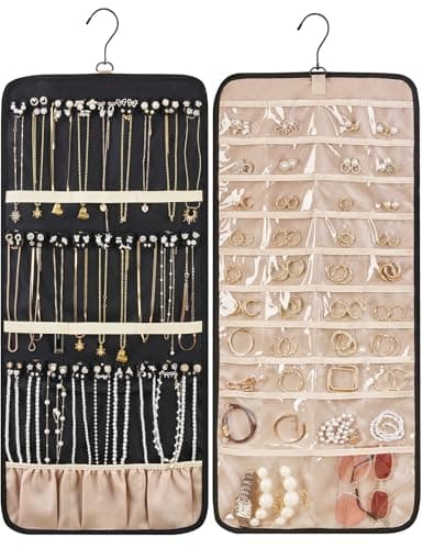 Carbrea Hanging Jewelry Organizer - Large Double-Sided Jewelry Storage Butterfly Necklace Holder Earrings Holder Organizer with Metal Hook for Door Closet Wall - Black