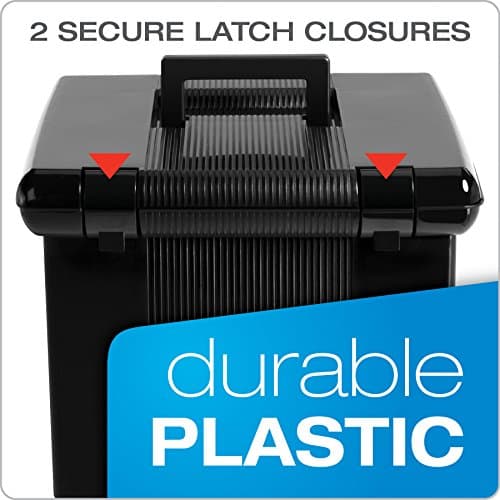 Pendaflex Portable File Box with File Rails, Simple Document Storage, File Bin for Home and Office, Hinged Lid with Double Latch Closure, Black, 3 Black Letter Size Hanging Folders Included (41742AMZ) 5