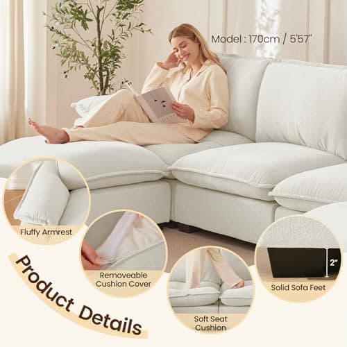 HALLYBEE Modular Sectional Sofa Deep Seat Cloud Couch with Reversible Chaise L Shaped Couch with Padded Armrests Chenille Sectional Sofas for Living Room Apartment Office White 8