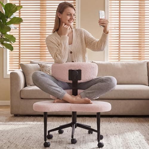 DUMOS Ergonomic ADHD Cross Legged Office Desk Chair with Adjustable Backrest, Height Adjustable Meditation Chair with 360° Swivel Footstool, Teddy Fabric Yoga Stool for Home Office, Pink