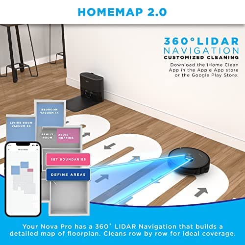 iHome AutoVac Nova Pro, Robot Vacuum Mop Combo, LIDAR Navigation, Self Emptying, Selective Room Cleaning & No Go Zones, Home Mapping, 2700pa Strong Suction, App Control, Hard Floors Carpet Black 2