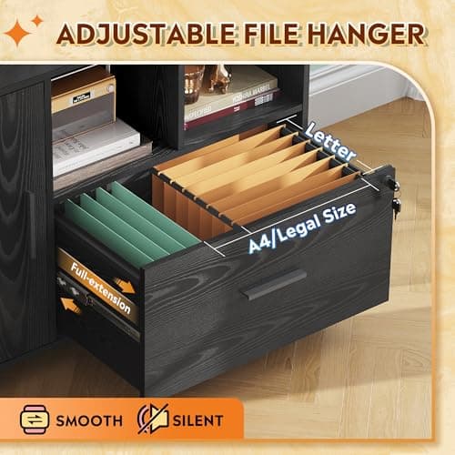 DEVAISE Office File Cabinet with Lock, 1-Drawer Wood Lateral Filing Cabinet on Wheels, Printer Stand with Open Storage Shelves for Home Office, Black 5