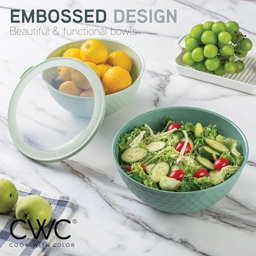 COOK WITH COLOR Mixing Bowls with Lids - 12 Piece Plastic Nesting Bowls Set includes 6 Prep Bowls and 6 Lids, Microwave Safe Mixing Bowl Set, Sage Embossed 6
