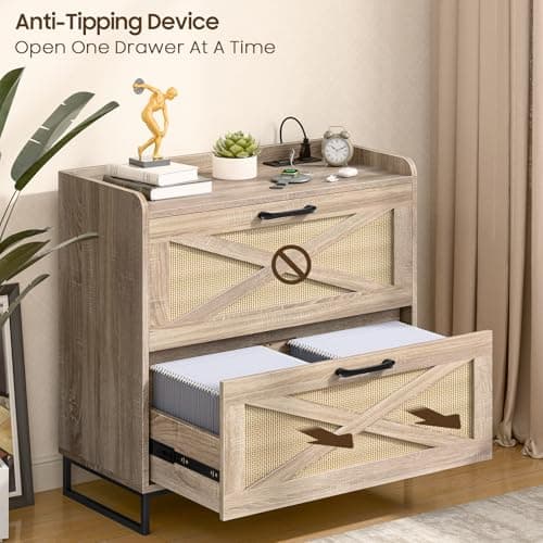 Lateral File Cabinet 2 Drawer File Cabinet with Charging Station for Legal/Letter/A4 Size Hanging Files, Modern Farmhouse Large Rattan Wood File Storage Cabinet for Home Office Furniture(Natural) 7