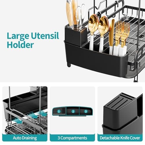 Urackify 2 Tier Dish Drying Rack, Expandable Dish Rack for Kitchen Counter, Adjustable Over The Sink Dish Drainer, Large Multifunctional Dish Strainer with Removable Top Shelf for in Sink Use, Black 5