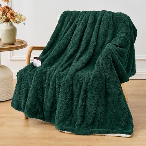 Easthome Electric Heated Throw Blanket - Jacquard Shaggy Sherpa 50"x60" Fast Heating Bed Blankets with 6 Heating Levels & 4 Hours Auto Off, Over-Heated Protection ETL, Dark Green