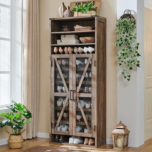 JXQTLINGMU Farmhouse Shoe Cabinet, 72" Tall with Mesh Doors and Adjustable Shelves, Rustic Wooden Shoe Organizer, Modern Large Cabinet Storage for Entryway, Light Brown