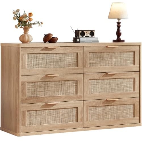 LEYAOYAO Rattan 6 Drawer Dresser for Bedroom, Boho 48" Wide Natural Wood Dresser Chest of Drawers, Dressers TV Stand with Metal Handle, Storage Dressers Closet Organizer for Living Room, Hallway