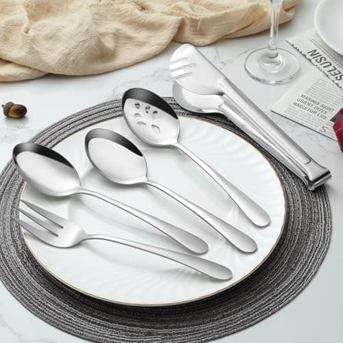 BEWOS Serving Utensils, 16-Piece Large Serving Set, 9.1” Serving Spoons, 9.1” Slotted Spoons, 9.1” Serving Forks, 9.5” Serving Tongs, Stainless Steel Serving Utensils Set for Parties, Dishwasher Safe 7
