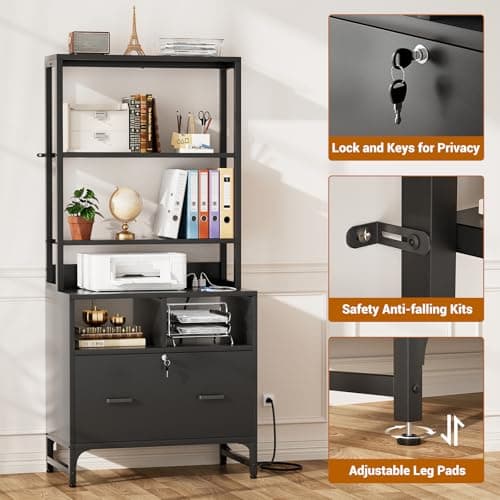 Homieasy File Cabinet with Charging Station, Vertical Filing Cabinet with Lock & Large Drawer, Printer Stand with Storage Shelves, Office Storage Cabinet fits Letter/A4/Legal Size, Black 7