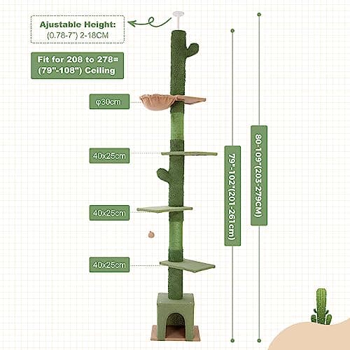 Meow Sir Floor to Ceiling Cat Tree Ajustable Height [82-108 Inches=208-275cm] 6 Tiers Tower Fit for 7-9 Feet Ceiling with Cat Condo Hammock and Sisal Covered Post for Indoor Cats-Green Cactus 6