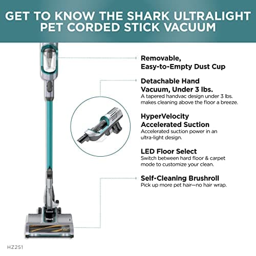 Shark HZ251 Ultralight Corded Stick Self-Cleaning Brushroll, Perfect, Converts to Hand Vacuum, LED Headlights, - Pet Crevice & Upholstery Tools, Teal.32 Quarts Capacity 9