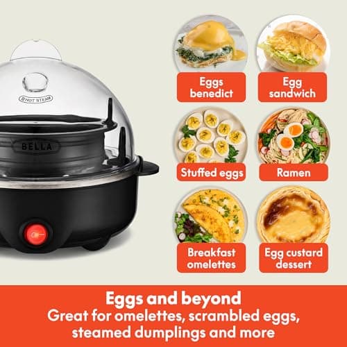 BELLA Egg Cooker, Rapid Boiler & Poacher, Meal Prep Essential, Family Sized Meals: Make Up To 7 Large Boiled Eggs, Dishwasher Safe Lid with Cool-Touch Handles, Poaching Tray Included, Black 6