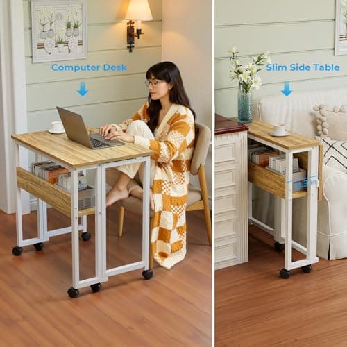 GreenForest Folding Desk Small Rolling Desk with Storage Shelf,24.8 inch Foldable Computer Desk with Wheels for Small Space,Easy Assembly,Oak 6