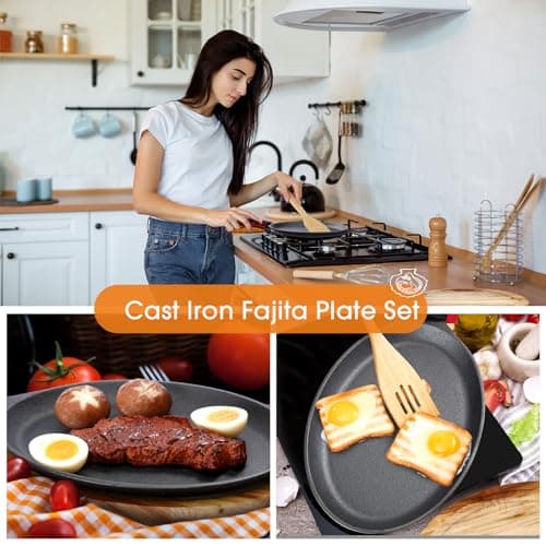 Lallisa 1 Set Cast Iron Fajita Plate Set Fajita Plate Pan with Wooden Tray Anti Scald Protection Hot Mitt Cast Iron Skillet Set for Home Barbecue Kitchen Party Restaurant Catering Service 6