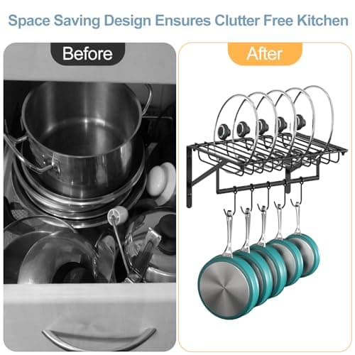 Hongtamoy 2 Packs Wall Mounted Pot Lid Rack Organizer, Hanging Pot and Pan Lid Organizer for Kitchen with 10 Upgrade Hooks, Pot Lid Holder for Cookware,Pans,Utensils Organization, Black 9
