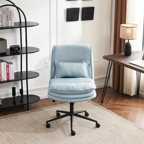 VINGLI Cloud Criss Cross Legged Chair,18" High Back Armless Home Office Desk Chair with Wheels,Wide Adjustable Comfy Padded Seat Task Computer Chair,Modern Swivel Makeup Vanity Chair,Fabric,Blue 9