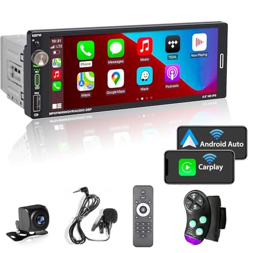 [Wireless] Alondy Single Din Car Stereo with 6.9" Touchscreen Compatible with Apple CarPlay/Android Auto Bluetooth AM/FM Radio Type-C USB 2.1A Fast Charge Rear View Camera Mic