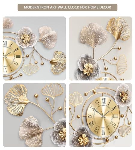 JXQXYN Clocks for Living Room, Large Wall Clock, 3D Silent Wall Clock, Retro Metal Ginkgo Leaf Design, for Bedroom Kitchen Decorative Wall Clocks（32''x18'' ） 6