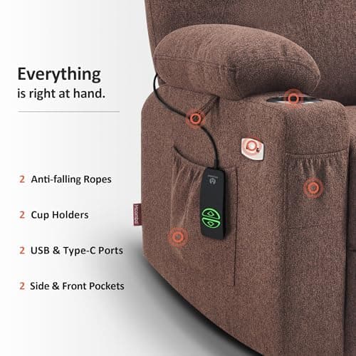 MCombo Power Lift Recliner Chair for Elderly, Lift Chair with Heat and Massage, FSC Certified, USB&Type C Ports, Cup Holders, Fabric 7040 (Medium,Brown) 7
