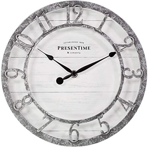 Presentime & Co 10" Farmhouse Series Wall Clock, Quartz Movement, Shiplap Style, Raised 3D Arabic Numeral, Galvanized Finish