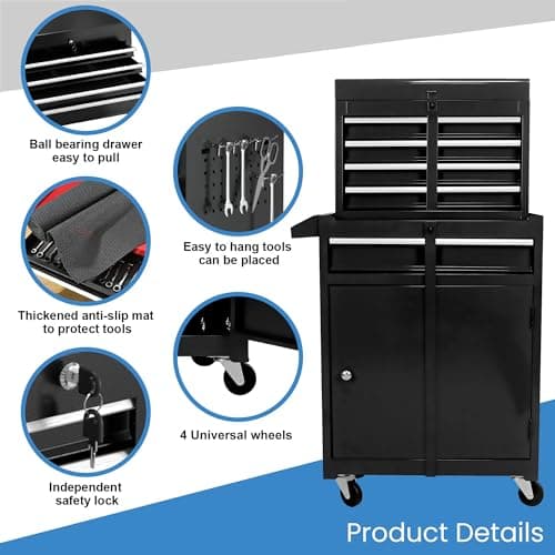 SumKea Tool Cabinet, Tool Chest with Wheels, Garage Tool Box, 5 Drawer Rolling Tool Chest and 2 Lockers, Detachable Storage Cabinet, for Garage Warehouse Workshop, Black 5