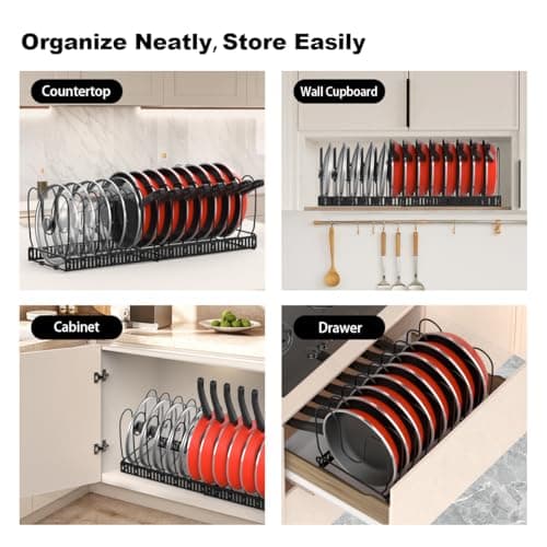 Housolution Pot and Pan Organizer Rack for Cabinet, Expandable Pot Lid Organizer Holder with 14 Adjustable Dividers, Fully Expanded Size 22.83" W x 7.09" D x 7.09" H, Black 6