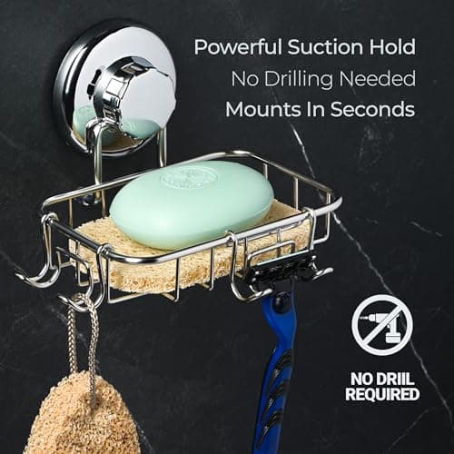 HASKO 2-Pack Suction Cup Soap Holder – Bar Soap Dish for Shower with Hooks for Bathroom – Optional Mounting with Adhesive Tape or Glue – Includes 2 Soap Savers – Stainless Steel SS304 - Silver 5