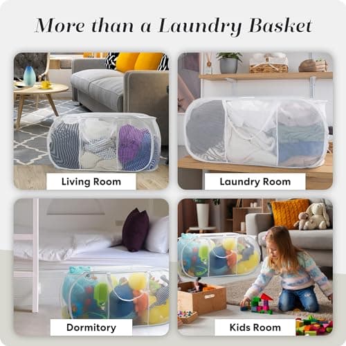 Handy Laundry Collapsible Laundry Basket, 3-Compartment Mesh Laundry Sorter, Foldable Pop Up Hamper with Handles, Space-Saving Durable Organizer for Dorm, Bedroom, Travel, White 8