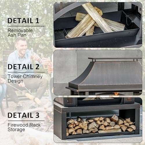 39" Fire Pits with Wood Storage for Outside, Large Wood Burning Outdoor Fireplace with Chimney, Mesh Spark Screen & Fire Poker, Idea for Backyard, Patio, Party, Camping, Picnic 5