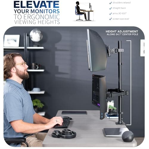 VIVO Triple Monitor Extra Tall Desk Mount for up to 49 inch Ultrawides on Center Bracket and 27 inch Screens on Side Brackets, Holds up to 44 lbs, Black, STAND-V103T 8
