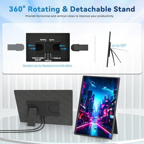 Portable Monitor 16" 1200P FHD Laptop Screen Extender, Horizontal Vertical Monitors with Detachable Kickstand, Built-in Speakers, Plug & Play Computer Gaming Travel Monitor for Wins Mac Chrome Phone 3