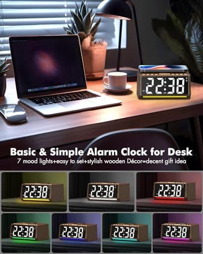 Retro Digital Alarm Clocks for Bedrooms with Large Numbers, Desk Clock with Wireless Charging Station, 7 Mood Lights, Dimmer, Snooze, 12/24H, Loud Alarm Clock for Heavy Sleepers Adults, Vintage Décor 7