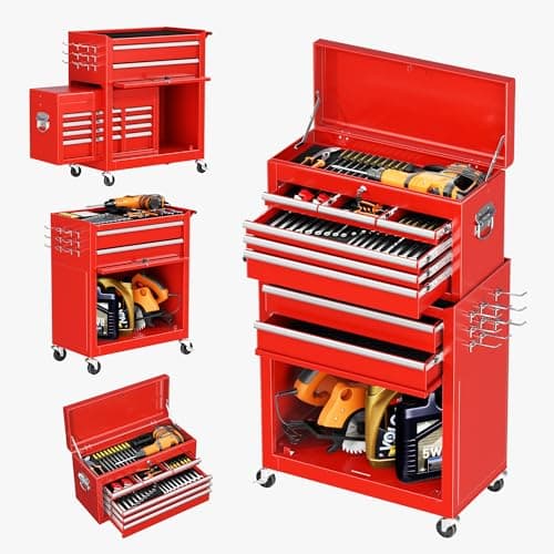 INTERGREAT Tool Chest, 8-Drawer Tool Chest with Wheels, Detachable Red Metal Tool Cabinet with Lock Top Tool Box, Garage, Warehouse, Workshops, Repair Shop