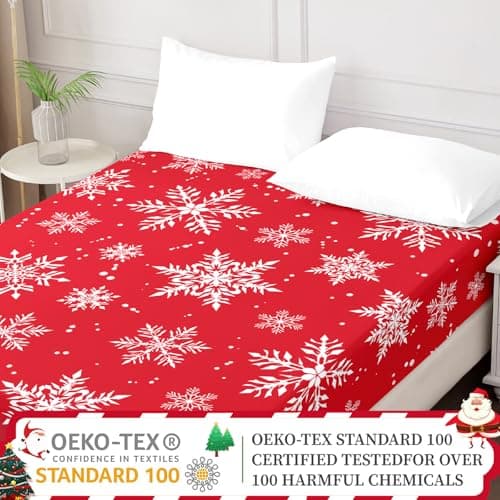 HCORA Christmas Fitted Sheet Only, 100% Brushed Microfibre Deep Pocket Fitted Bottom Sheet, Ultra Soft, Shrinkage and Fade Resistant, Queen Size 6